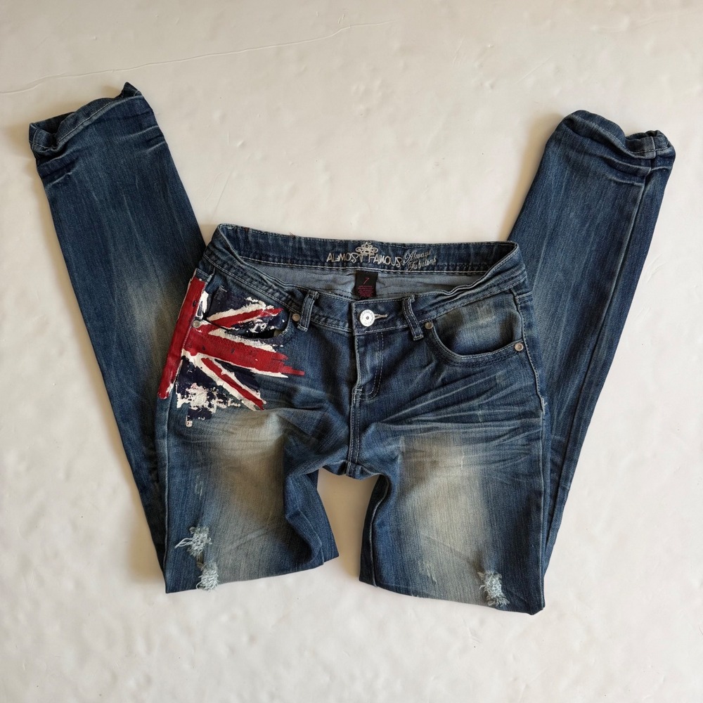 Almost Famous Union Jack Distressed Skinny Jeans Indie Sleaze y2k Blue Denim 7